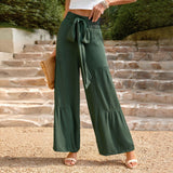 Mqtime 2023 New Women Summer Casual Loose Fitting Wide Leg Solid Color Lace Up Pants For Fashion