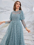 Mqtime Women Casual Elegant Maxi Dresses 2023 Summer Autumn Luxury Embroidery Mesh Turkish Cocktail Evening Party Robe Vestido