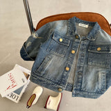 Mqtime Children's Clothes 2023 Spring New Boys Girls Vintage Old Coat Baby Hole Denim Jacket