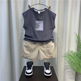 Mqtime Kids Clothes Girls Boys Summer Sleeveless Suit Gray Vest +Shorts 2pcs Clothes Set Letters Printed Loose Tops Cotton Outfits