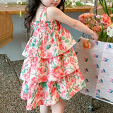 Mqtime 2023 Summer Dress for Girls Layered Kids Birthday Party Dress Flowers Printing Children Holiday Casual Clothes