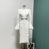 Mqtime New design sense hollow waist leakage cross strap trumpet sleeve one-step dress