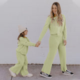 Mqtime Mum and Daughter Clothes Set Autumn Winter Long Sleeves Top + Wide Leg Pants 2pcs Suit Casual Mommy and Me Outfits Family Look