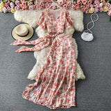 Tavimart chic v neck flared sleeve bow tie shirt high waist skirt suit summer chiffon floral sets