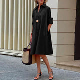 Mqtime Summer Female Fashion Long Sleeves Solid Color Summer Casual Daily Dress Lapel Midi Dresses For Office Woman