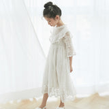 Mqtime Korean Girls Dress Princess Party Wedding Lace Embroidery Long Dress Elegant White Maxi Dresses for Teen Girl Children 5 6 8 10