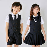 Mqtime Children Summer School Uniform Suit Set Boys Girls Gray Vest Shorts Tie Clothes Kids Host Party Performance Formal Costume