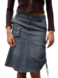 Mqtime Vintage Denim Jeans Skirt Women Autumn High Street Casual Drawstring Pleated Pocket Midi Skirts Bottoms Y2K Clothing