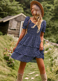 Mqtime Floral Chic Tiered Mini Dresss Ruffles Casual Summer Puff Sleeve Women Ladies Party Holiday Ladies Dresses Vestidos