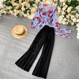 Mqtime Chiffon Floral Top Trousers Set Summer Women V Neck Bandage Blouse Loose Wide Leg Suits