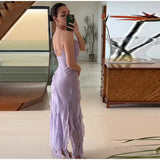 Mqtime Lilac Chiffon Ruffle Dress Summer Women Elegant Spaghetti Strap Maxi Dress 2023 Sexy Split Backless Evening Party Dresses Outfit