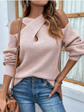 Mqtime Cold Shoulder Autumn Halter Women Lantern Sleeve Sexy Pull Female Beige Winter Casual Knitted Sweater New Dropshipping