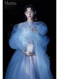 Mqtime Women Photography Props Handmade Blingbling Off-shoulder Maternity Dresses Blue Perspective Pregnancy Dress for Studio Shoot New