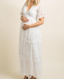 Mqtime Maternity Dresses for Photo Shoot Summer V Neck White Lace Short Sleeve Pregnancy Dress Pregnant Women Photography Maxi Dress