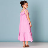 Mqtime Summer New Girls Sleeveless Muslin Long Dress With Knotted Straps 100% Cotton Ruffled Casual Loose Baby Kids Dresses TZ314