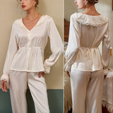 Mqtime Spring New Pajamas Pour Femme Nightown Lace Palace Style Sleepwear Laepl Satin Home Clothes Long Sleeve Nightwear Pyjamas