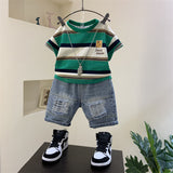 Mqtime Baby Boys Clothing Children Summer Teenage Clothes Toddler Stripe Cotton T Shirt+hole Denim Shorts 2pc Sets Kids Sports Outfits