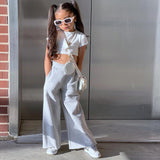 Mqtime Child Girl 2pcs/set Short Sleeve White Crop Tops+High Waist Sport Pants Clothing Suits Baby Kids Girl Fashion Outfits Children's