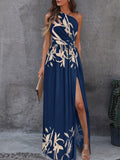 Mqtime Dresses for Women 2023 New Summer Long Elegant Sleeveless Blue Sexy Split Evening Dress Slim Suspender Bodice Birthday Dress