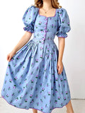 Mqtime Blue Floral Printed Chic Midi Dress French Button Front Summer Elegant Women Dresses Puff Sleeve Party Holiday Vestido