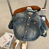 Mqtime Children's Clothes 2023 Spring New Boys Girls Vintage Old Coat Baby Hole Denim Jacket