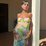 Mqtime French retro printed one line collar strapless long dress with sexy and spicy girl temperament, slim fitting fishtail skirt