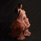 Mqtime Pink Maternity Prom Dresses Photography Props Elegant Pregnant Ruffles Ball Gown Evening Party Dress Baby Showers Photo Shoot