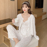 Mqtime Fdfklak New Ladies Pajamas Set 3Pcs Cardigan+Camisole+Pants Cotton Femme Sleepwear Spring Autumn Comfort Loose Homewear