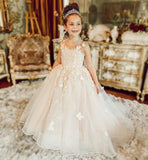 Mqtime Flower Girl Dresses for Wedding Pearl Pink Floral Tulle Luxury Princess Long Maxi Kids Bridesmaid Ball Gowns Birthday