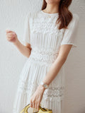 Mqtime  Lace Patchwork Embroidered Dresses for Women Summer O-Ncek White Sheer Holiday Tiered Dress Boho Sexy Beach Vestidos
