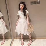 Mqtime Girls Princess Dress Summer Fashion Short Sleeve Teenager Children White Dresses 13 14 Years Elegant Casual School Kids Clothes