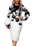 Mqtime Fashion Floral Print Dress Women Elegant O Neck Long Sleeve Party Robes Bodycon Lantern Sleeves African Printed Vestidos Autumn