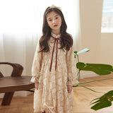 Mqtime  Teenage Girls Princess Dress Spring Autumn Beige Lace Dresses for Kids Clothes Children Costume 10 12 13 Years Long Sleeve Dress