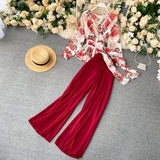 Mqtime Chiffon Floral Top Trousers Set Summer Women V Neck Bandage Blouse Loose Wide Leg Suits