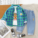 Mqtime Spring Autumn Children Boys 3PCS Clothing Set Plaid Shirts Cartoon Printed Sweatshirts Jeans Pants Baby Clothes Set