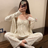 Mqtime Fdfklak New Ladies Pajamas Set 3Pcs Cardigan+Camisole+Pants Cotton Femme Sleepwear Spring Autumn Comfort Loose Homewear