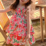 Mqtime 2023 Summer Dress for Girls Layered Kids Birthday Party Dress Flowers Printing Children Holiday Casual Clothes