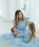 Mqtime Sky Blue Tulle Mum and Daughter Matching Outfit for First Birthday Party Mommy and Me Dress for Party Photos A-Line Prom Gown