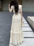Mqtime Spring Summer Wrinkled Pleated Long Skirt Women Korean Style Vintage High Waisted Layer Cake Tassel Skirt rok