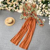 Mqtime Chiffon Floral Top Trousers Set Summer Women V Neck Bandage Blouse Loose Wide Leg Suits