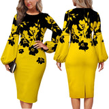 Mqtime Fashion Floral Print Dress Women Elegant O Neck Long Sleeve Party Robes Bodycon Lantern Sleeves African Printed Vestidos Autumn