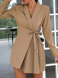 Mqtime Elegant Pleated Dress Solid Long Sleeve High Waist Mini Robe Sexy V Neck Bandage Khaki Slim Fit Turn-down Collar Party Club Fall