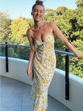 Mqtime Female French Style Yellow Flower Print Boho Summer Dress Midi Sleeveless Women Beach Dress Straight Sexy Party Vestidos