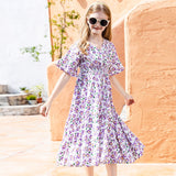 Mqtime kids girl summer floral print v-neck smocked flare midi dress children 6 to 14 years teen girl fashion cotton casual dresses