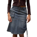 Mqtime Vintage Denim Jeans Skirt Women Autumn High Street Casual Drawstring Pleated Pocket Midi Skirts Bottoms Y2K Clothing