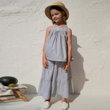 Retro Girls Summer Striped Suit 2022 New Baby Girl Cotton Casual Tops + Loose Wide Leg Pants Children's Clothing TZ140