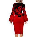 Mqtime Fashion Floral Print Dress Women Elegant O Neck Long Sleeve Party Robes Bodycon Lantern Sleeves African Printed Vestidos Autumn