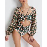 Mqtime Two-Piece Women Swimwear Beach Wear Outfits For Bikini New 2023 Print Chiffon Long Sleeve Wetsuit Restore Ancient High Waist