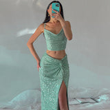 Mqtime Dress Women Summer Swimsuit For Beach Cover Up Sequins New Sling Vest Split Skirt Leisure Suit Solid Spandex Pareo Sarongs