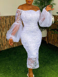 Mqtime Large Size 4XL Sexy Lace Dress Women Off Shoulder Puffy Robe Mesh Sleeve Backless White Midi Party Bridesmaids Wedding Vestidos